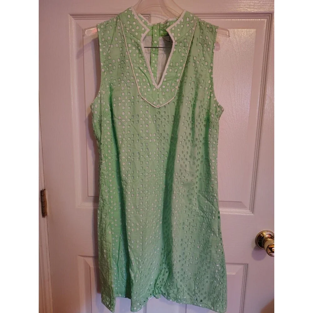 Crown & Ivy Girls 10 Green/White Eyelet Shift V-Neck Sleeveless Zip Dress